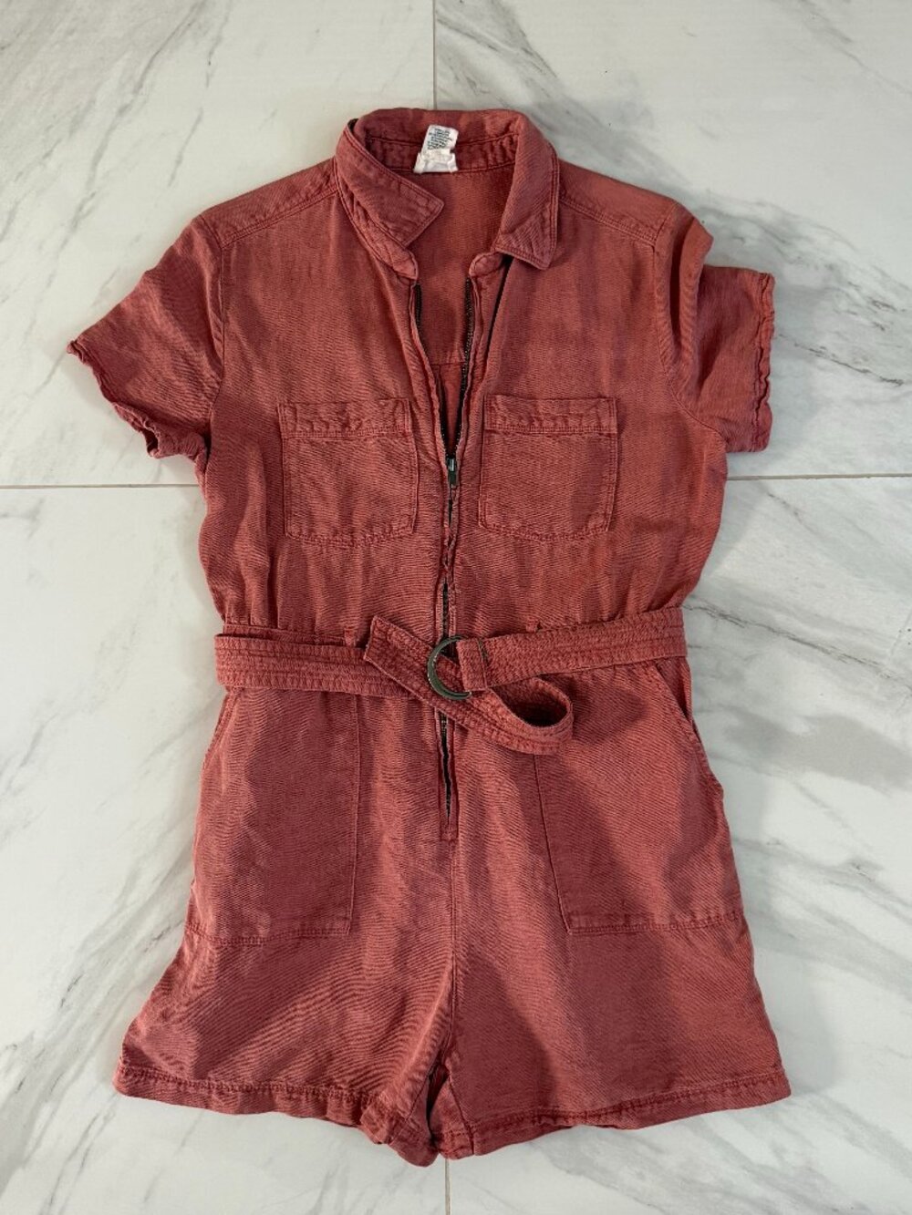 Nicole Miller New York Linen Blend Utility Romper Terracotta Belted S